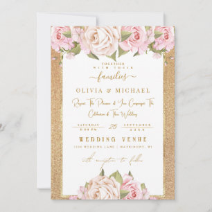 Invitation Mariage à huile de sable doré bleu Rose poussiéreu