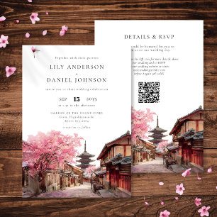 Invitation Mariage à Kyoto au Japon avec code QR aquarelle