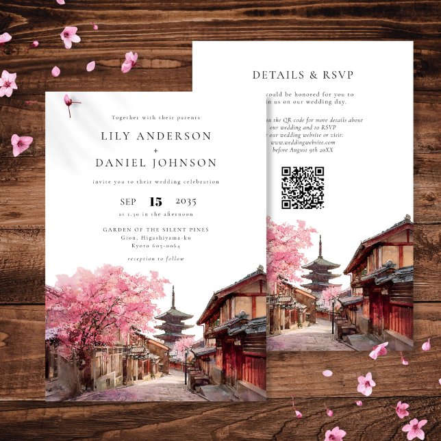 Invitation Mariage à Kyoto au Japon avec code QR aquarelle (Kyoto Japan Watercolor QR Code Wedding Invitation)