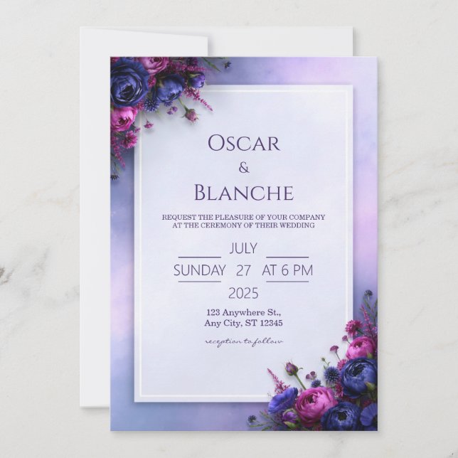 Invitation Mariage à la bordure florale indigo fuchsia (Devant)