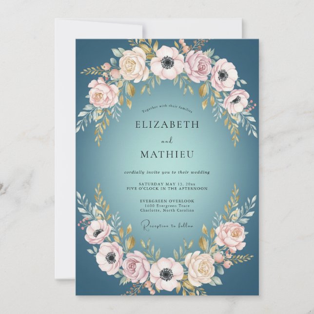 Invitation Mariage à la Bordure Florale Lumineuse Sarcelle (Devant)