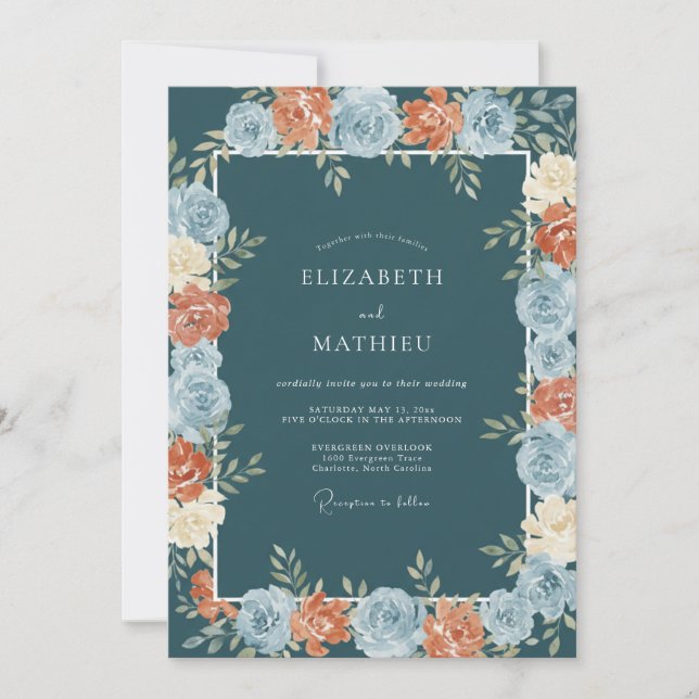 Invitation Mariage à la bordure florale sarcelle (Devant)