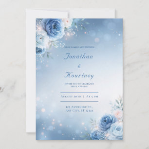 Invitation Mariage à la bordure florale scintillante bleu pou