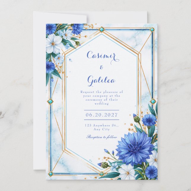 Invitation Mariage à la bordure géométrique de bleuet (Devant)