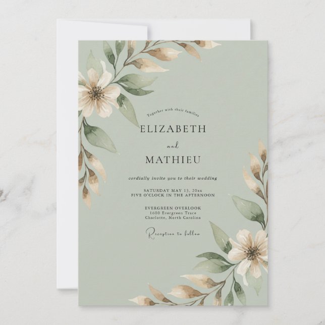 Invitation Mariage à la branche d'eucalyptus à la crème sage (Devant)