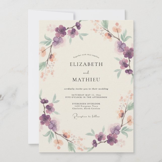 Invitation Mariage à la Branche d'Eucalyptus Abricot Améthyst (Devant)