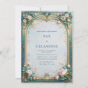 Invitation Mariage à la Broderie de Pivoine Rose Teal