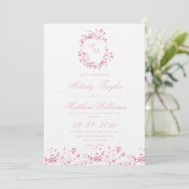 Invitation Mariage à la calligraphie royale avec blason flora (Debout devant)