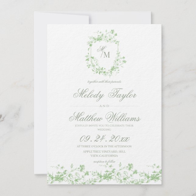 Invitation Mariage à la calligraphie royale avec une crête fl (Devant)