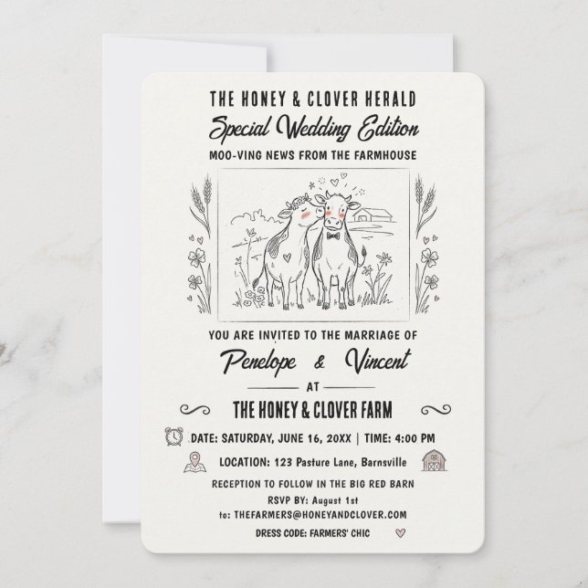 Invitation Mariage à la Campagne des Vaches qui s'Embrassent (Devant)