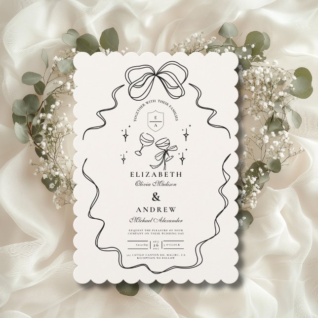 Invitation Mariage à la Champagne Doodle avec un Ruban Fantai (Créateur téléchargé)