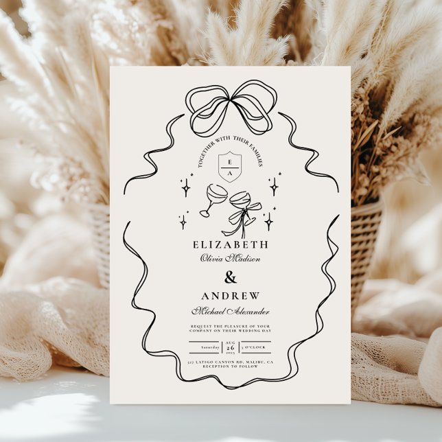 Invitation Mariage à la Champagne Doodle avec un Ruban Fantai (Créateur téléchargé)