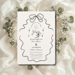 Invitation Mariage à la Champagne Doodle avec un Ruban Fantai