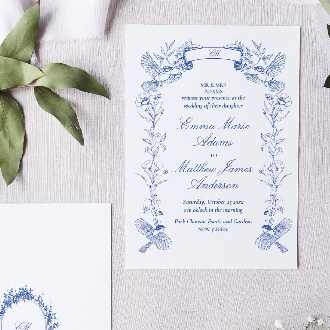 Invitation Mariage à la chinoise florale bleue (Blue toile chinoiserie wedding invitation with birds and flowers in victorian frame)