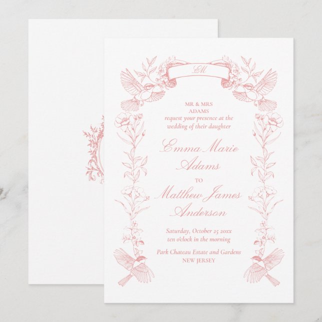 Invitation Mariage à la chinoiserie florale rose (Devant / Derrière)