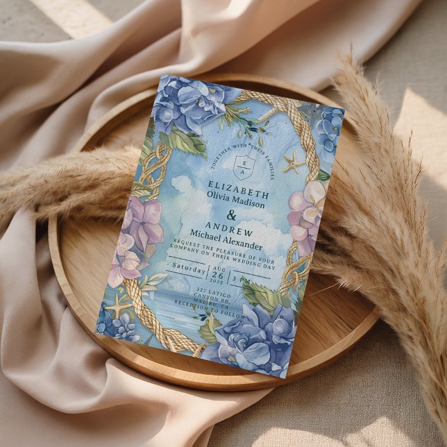 Invitation Mariage à la corde côtière Hydrangea bleue (Créateur téléchargé)