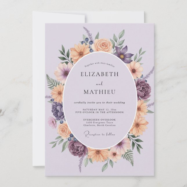Invitation Mariage à la Couronne d'Améthyste et de Pêche (Devant)