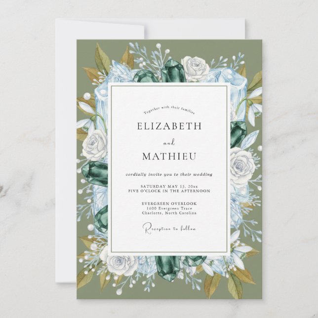 Invitation Mariage à la couronne de feuilles d'azur (Devant)