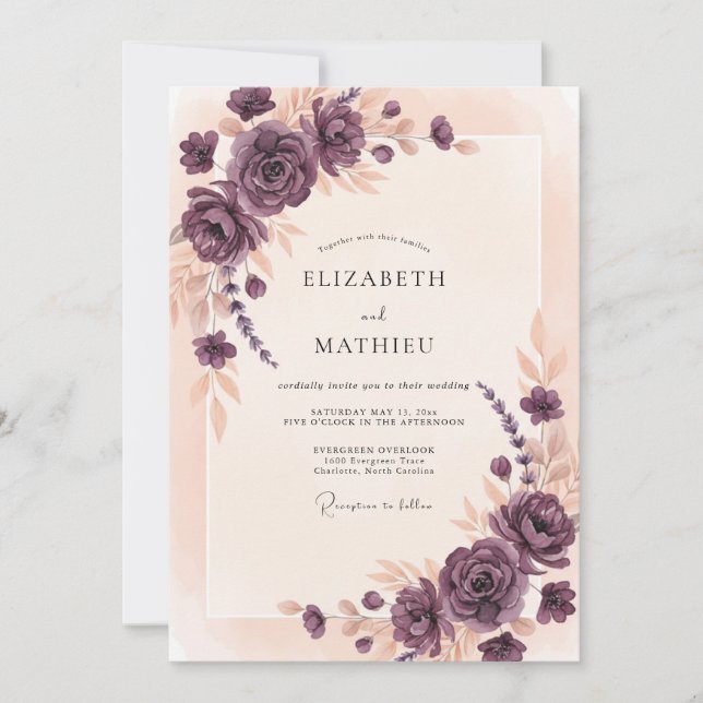 Invitation Mariage à la Couronne de Rose Mauve (Devant)