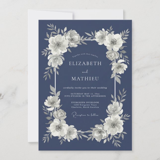 Invitation Mariage à la Couronne Fleurie Navy (Devant)