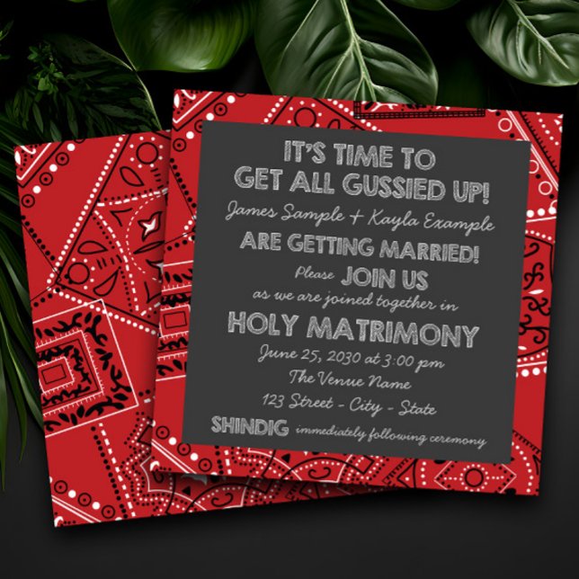 Invitation Mariage à la craie rustique avec bandana rouge (Fun rustic cowboy red bandana wedding invitation. Simply add your details.)