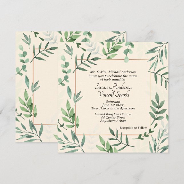 Invitation Mariage à la crème de la faune et de la flore élég (Devant / Derrière)