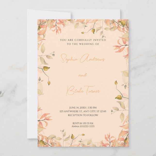 Invitation Mariage à la crème Feuille orange et verte (Devant)
