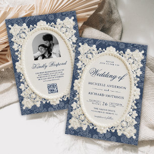 Invitation Mariage à la Dentelle de Broderie d'Ivoire Bleu Ma
