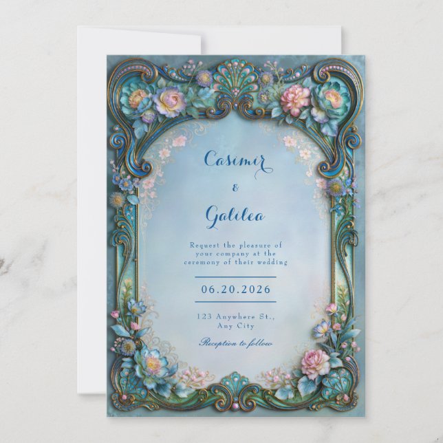 Invitation Mariage à la dentelle florale bleu poudre (Devant)