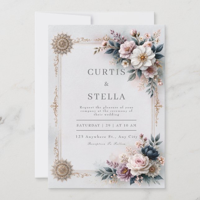 Invitation Mariage à la dentelle ivoire rose (Devant)