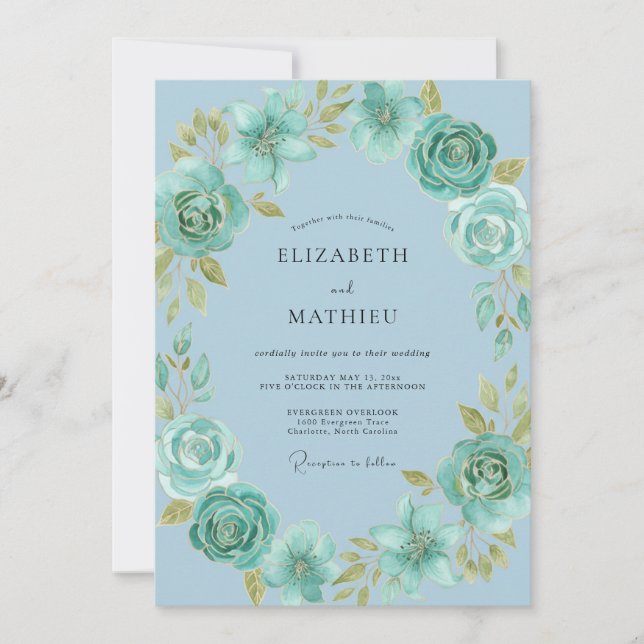 Invitation Mariage à la Douceur Florale Bleu Poussiéreux (Devant)