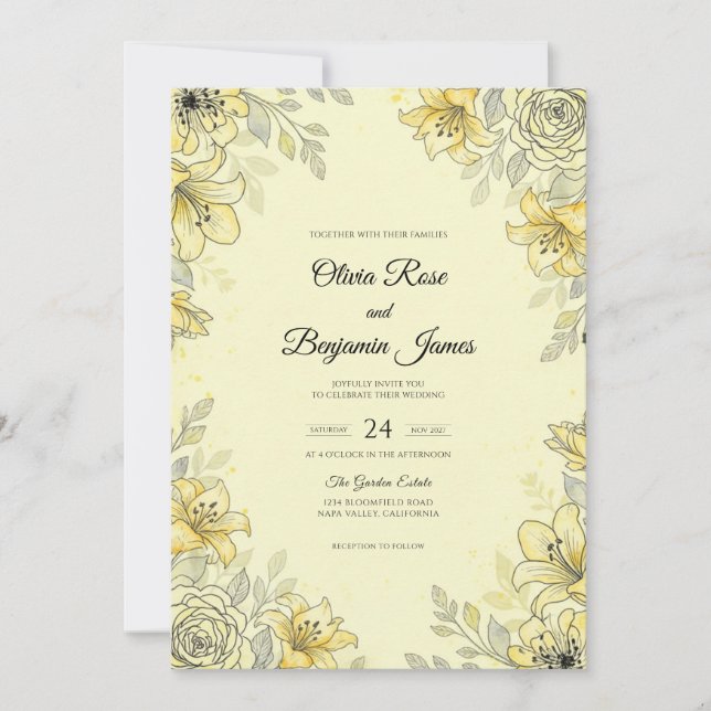 Invitation Mariage à la feuille d'argent citron (Devant)