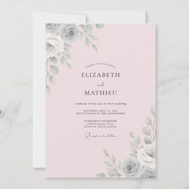 Invitation Mariage à la feuille d'argent rosée (Devant)