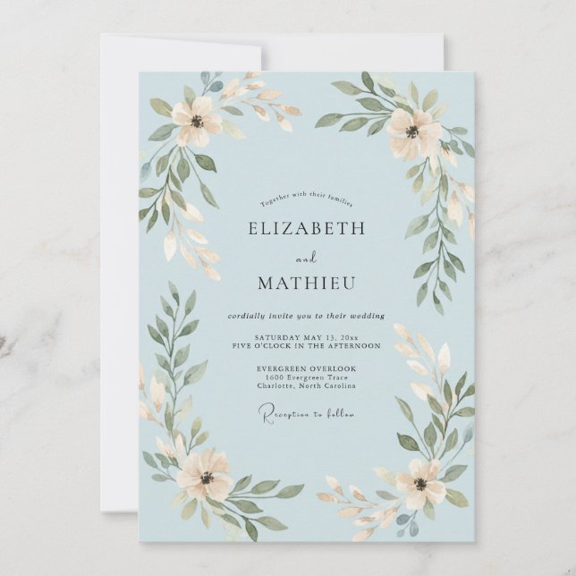 Invitation Mariage à la feuille d'azur en poudre (Devant)