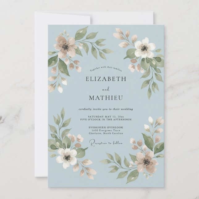 Invitation Mariage à la feuille de bleu poudre (Devant)