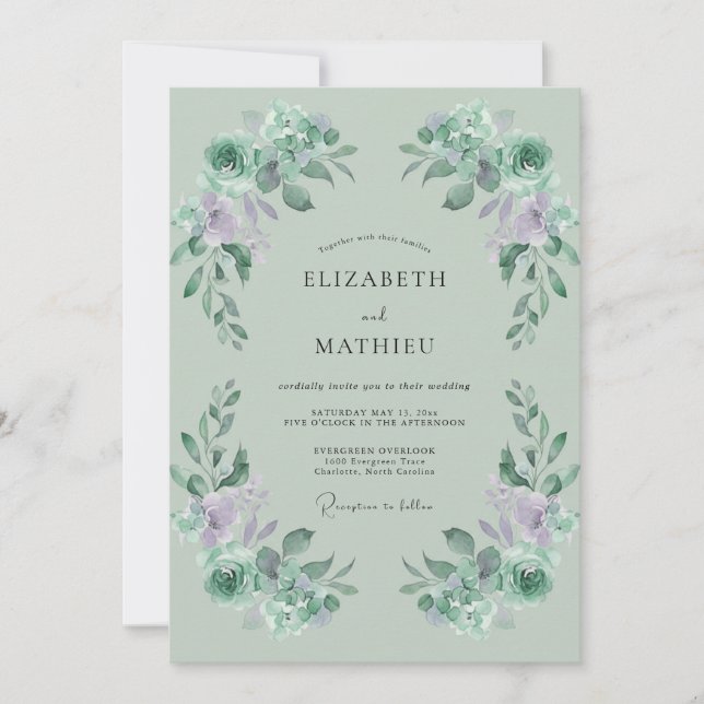 Invitation Mariage à la feuille de céladon lilas (Devant)