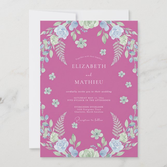 Invitation Mariage à la feuille de fougère fuchsia (Devant)