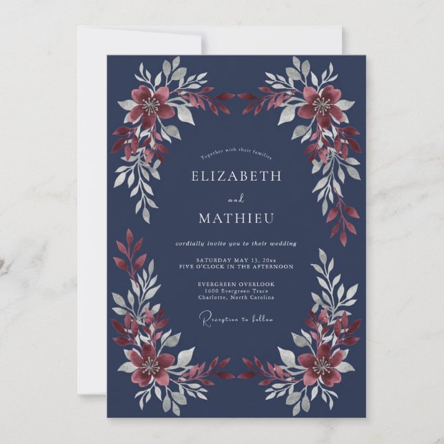 Invitation Mariage à la feuille de grenat de minuit (Devant)