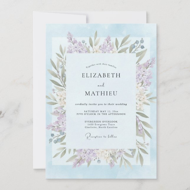 Invitation Mariage à la feuille de lilas bleu poudre (Devant)