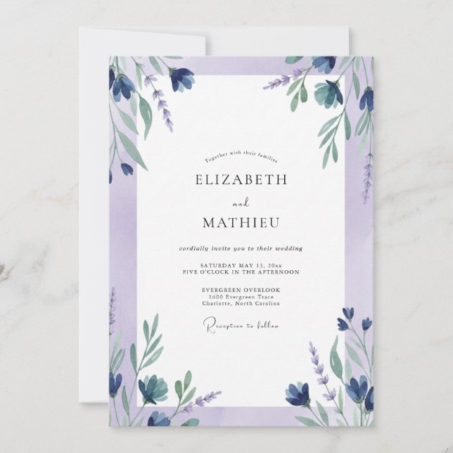 Invitation Mariage à la feuille de lilas indigo (Devant)
