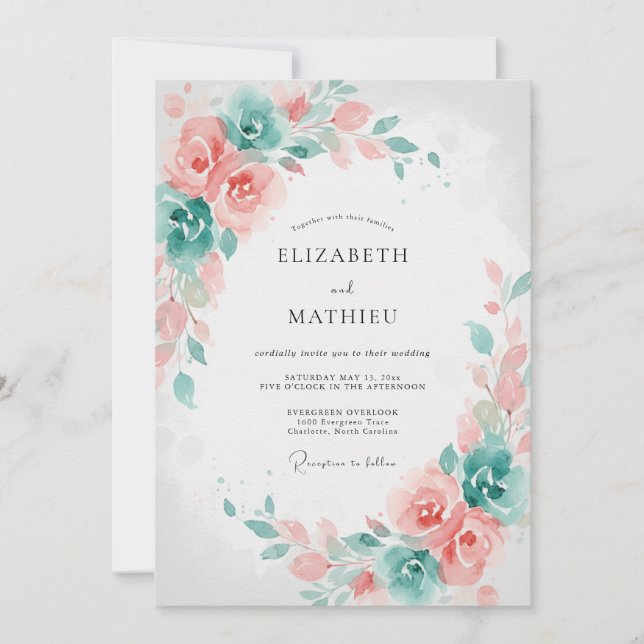Invitation Mariage à la feuille de menthe corail (Devant)