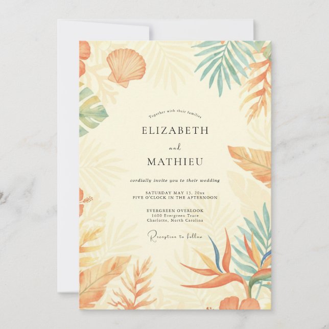 Invitation Mariage à la feuille de palmier corail (Devant)