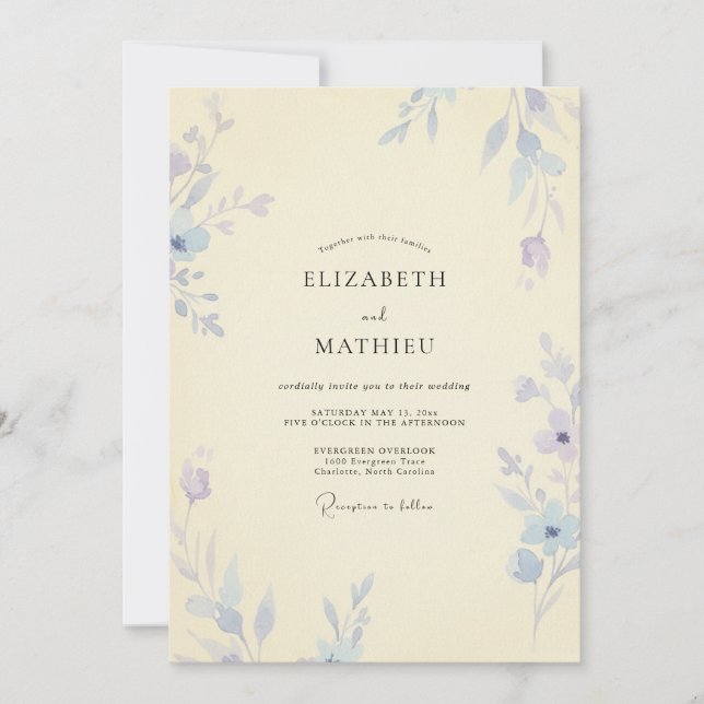 Invitation Mariage à la feuille de pervenche jaune pâle (Devant)