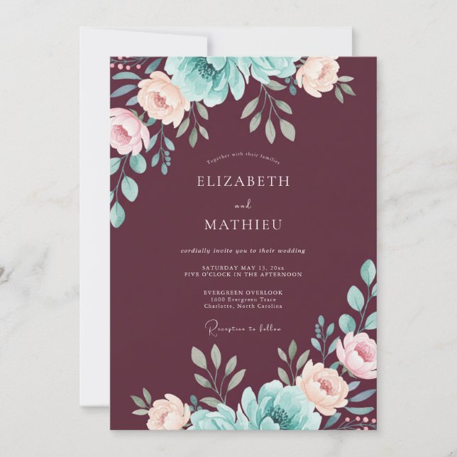 Invitation Mariage à la Feuille de Pivoine Pourpre (Devant)