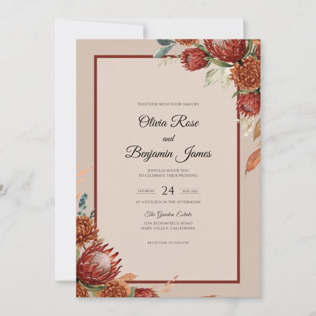 Invitation Mariage à la feuille de Protea rouille (Devant)