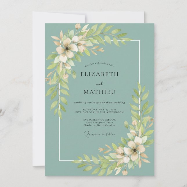 Invitation Mariage à la feuille de teal poussiéreuse (Devant)
