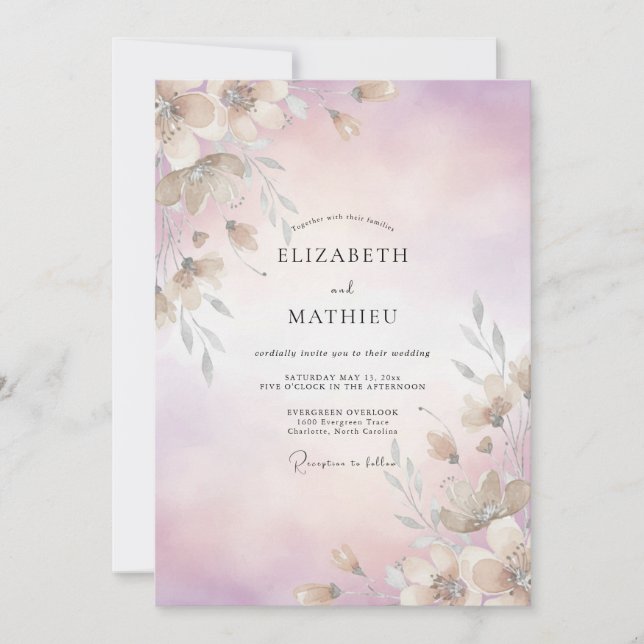 Invitation Mariage à la feuille de violette pâle (Devant)