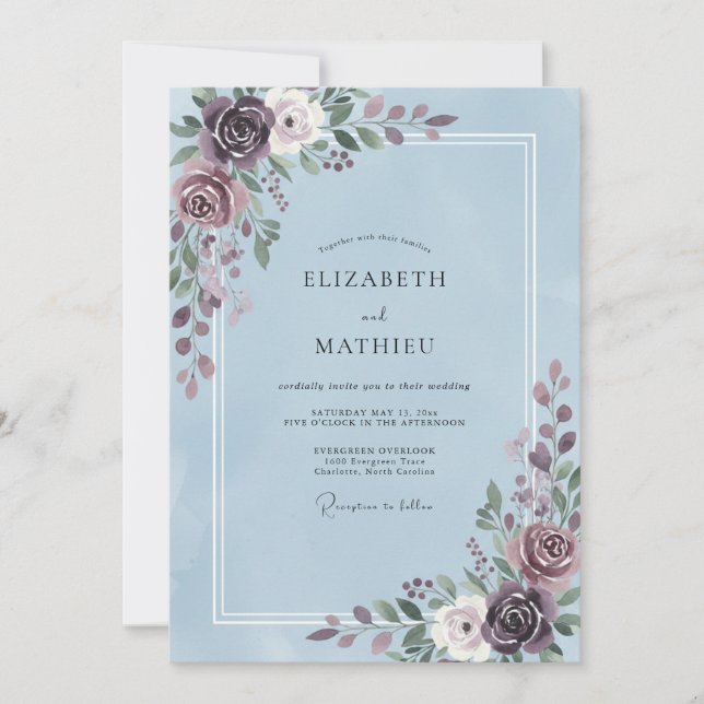 Invitation Mariage à la feuille de violette pervenche (Devant)
