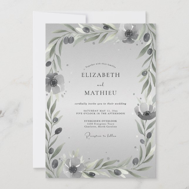 Invitation Mariage à la feuille d'olive argentée (Devant)