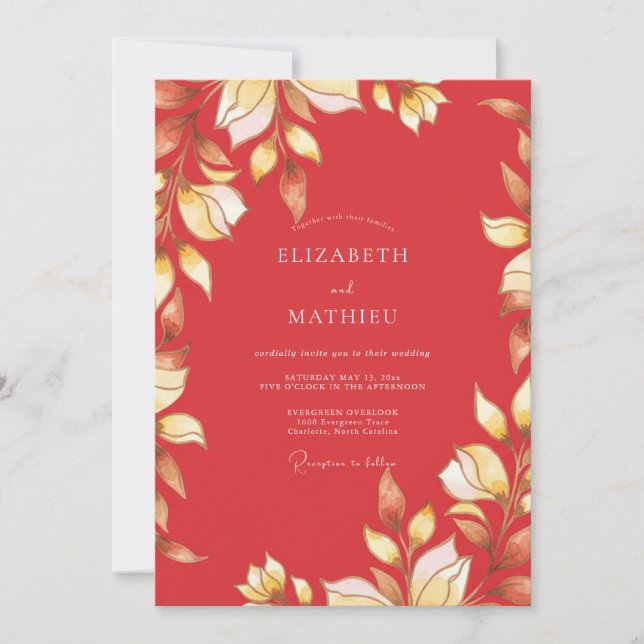 Invitation Mariage à la feuille d'or rouge cramoisi (Devant)